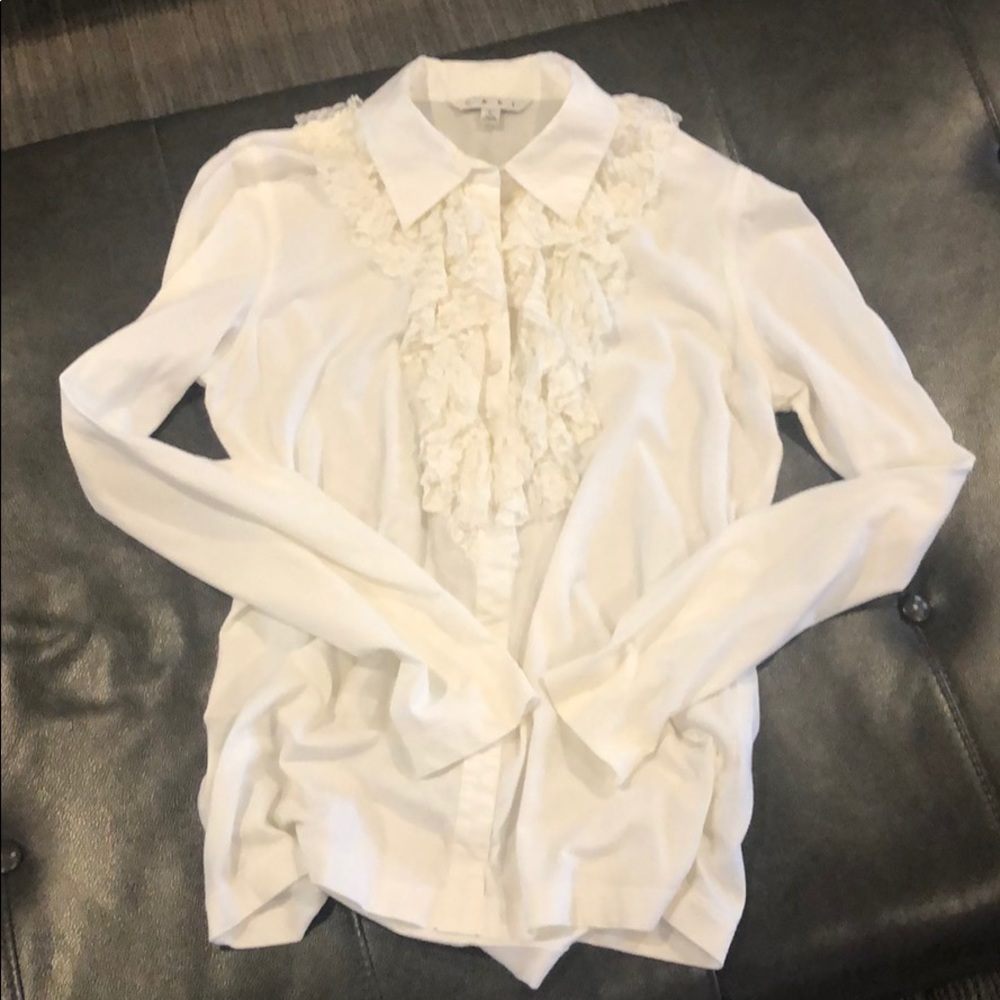 CAbi Ruffle Henley Blouse; Ivory -Size Large